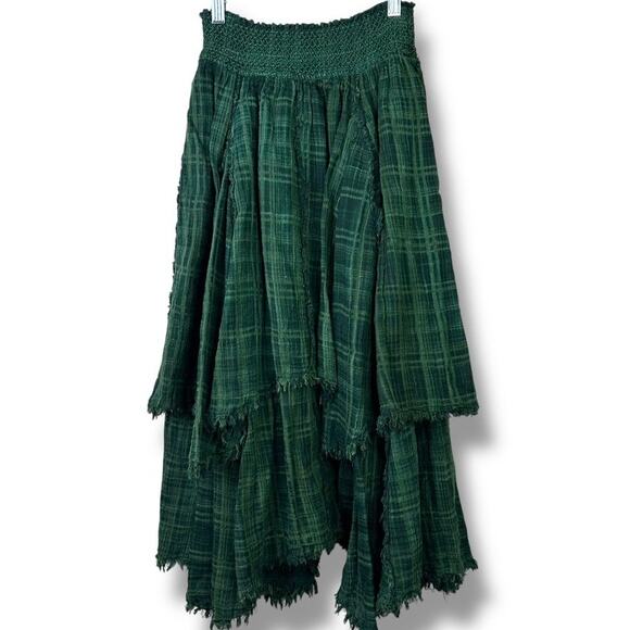 Free People FP One Averie Plaid Boho Billowy Tiered Asymmetrical Raw Hem Skirt - Picture 9 of 11